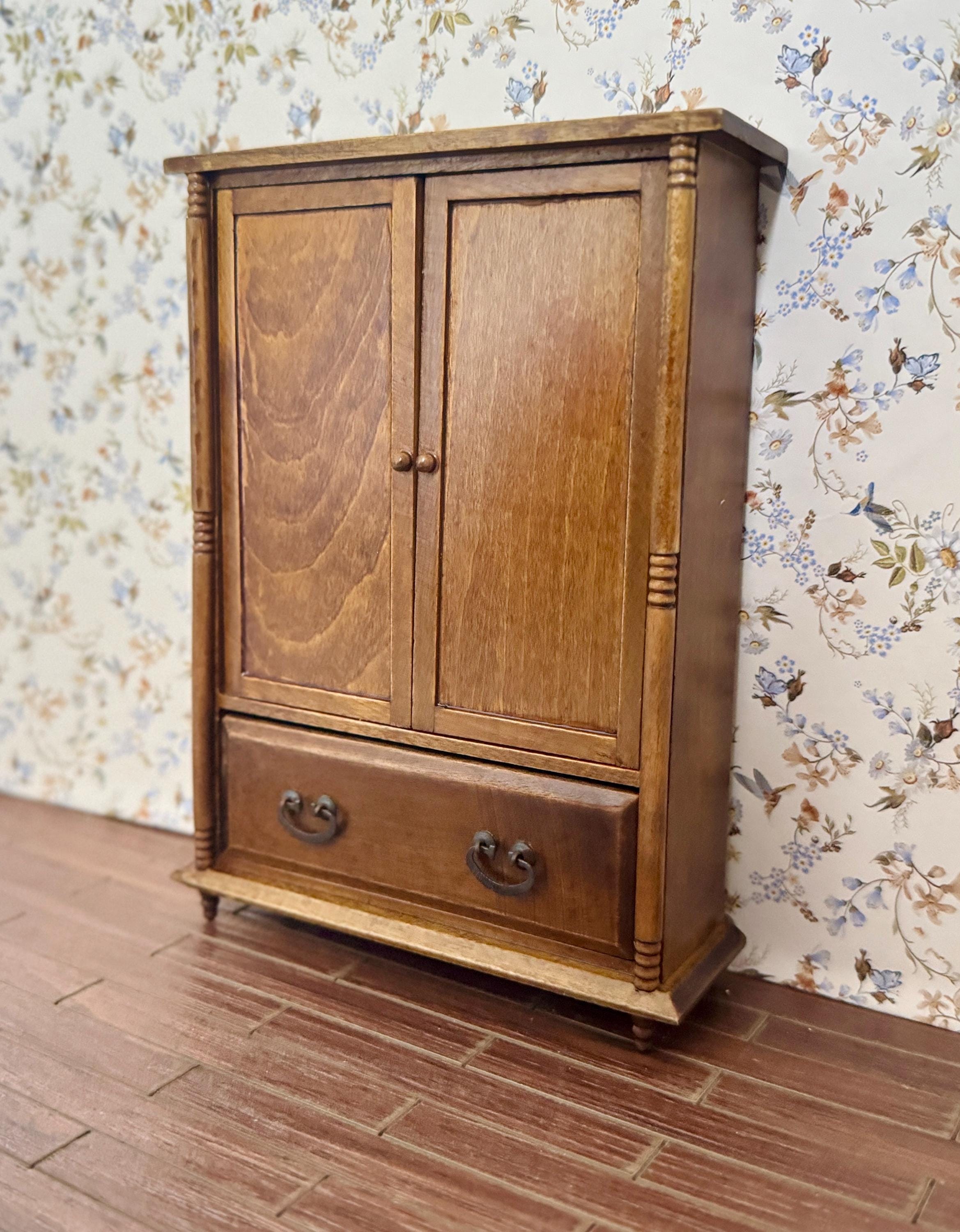 thumbnail image 2 of Dollhouse Wardrobe,1:12 Scale Mini Vintage Wooden Double Door Closet Wardrobe For Fairy Gardens Dolls House Accessory Dollhouse Furniture (brown 2 of 10