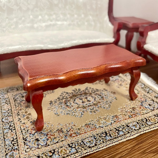 Clearance sale-1:12 Scale Dollhouse MiniatureRed Mahogany Scallop Trim Decorating Wooden Coffee Table, 1/12 Dollhouse Furniture Coffee Table
