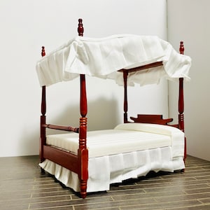 1:12 Scale Dollhouse Miniature Red Mahogany Canopy Bed, 1/12 Doll House Furniture Bedroom Bed Frame W/Removable Canopy