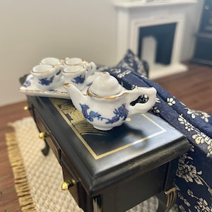 Dollhouse Miniature Tea Set: 1/12 Scale Porcelain Teapot & Teacups, Blue Flower Tea Tray