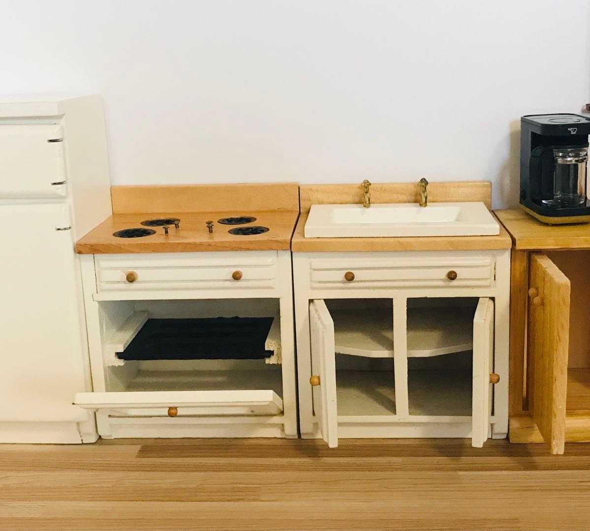 1:12スケールのミニチュアキッチンシンク＆コンロセット、ドールハウス