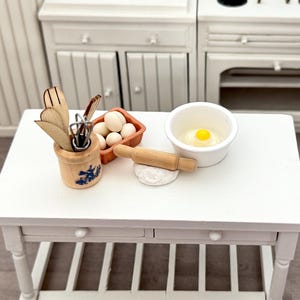1:12 Scale Dollhouse 7PC/16PC Eggs in Basket Baking Tools Set, 1/12 Dollhouse Utensil Set Egg Basket Mixer Bowl Rolling Pin and dough