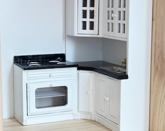 1:12 Scale Miniature Modern Style Kitchen Stove Sink Cabinet, 1/12 Dollhouse Furniture Kitchen Cupboard Set
