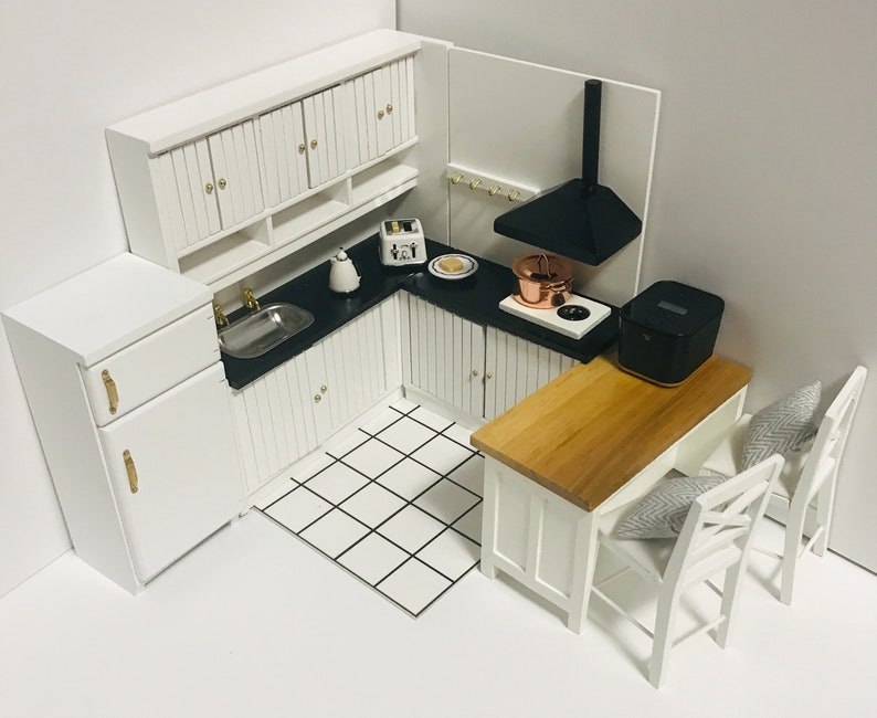 1:12 Scale Dollhouse Miniature 3PC Wooden Kitchen Island Table and High Chair Set,1/12 Dollhouse Furniture Dining Bar Stool Chair/Set image 10