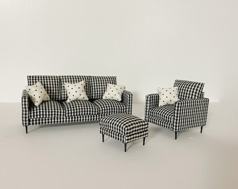 1:12 Scale Dollhouse Miniature Modern Black Checked Fabric Long Cubic Sofa Footstool, 1/10 Doll Furniture Armchair ottoman