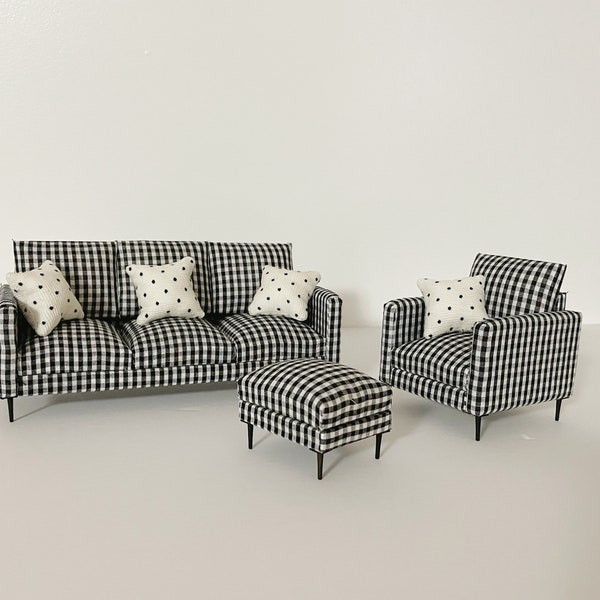 1:12 Scale Dollhouse Miniature Modern Black Checked Fabric Long Cubic Sofa Footstool, 1/10 Doll Furniture Armchair ottoman