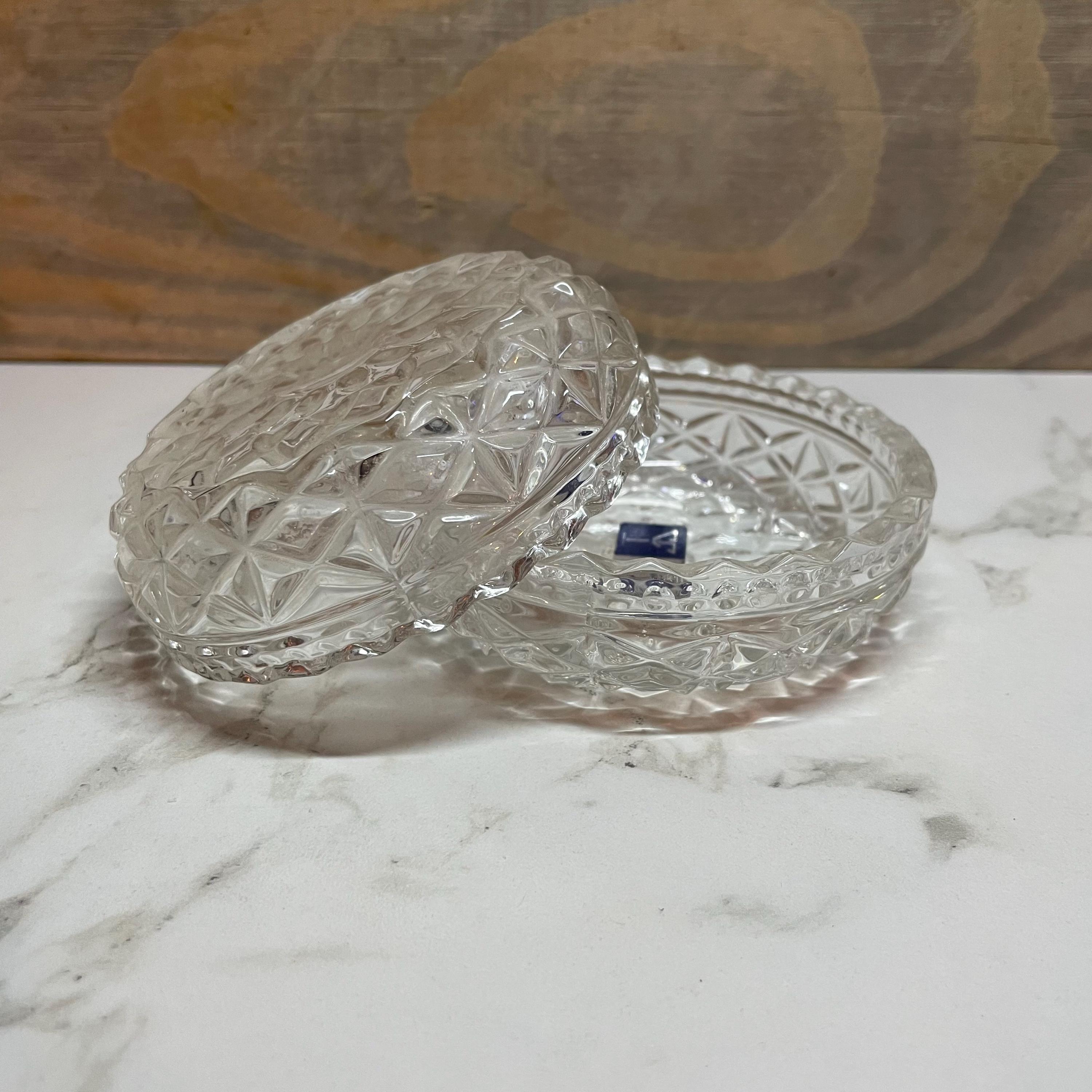 Cut Glass Ring Holder Jewelry Trinket Box Hand Cut Crystal Round
