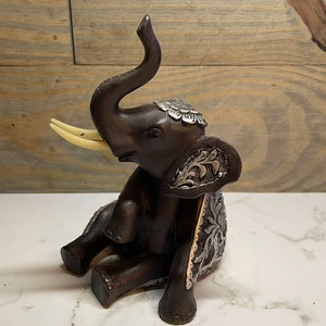 Sitting Elephant Figurine Black and Metallic Silver Resin