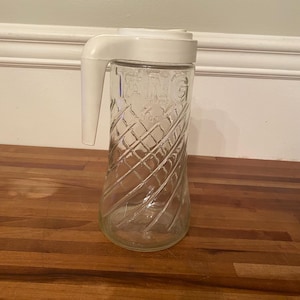 Anchor Hocking Glass TANG Pitcher Embossed Letters White Plastic Lid and Handle