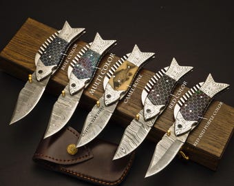 Handmade Damascus Steel Pocket Knife with Leather Sheath | Custom Folding Knife | Gift for Him | Camping & Hunting Knife Fish Pocket Knife