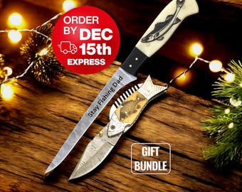 13" Fillet Knife & 7" Pocket Folding Knife Handmade Damascus Steel Knife With Beautiful Fish Engraving On Handle Gift For Him Gift For Dad