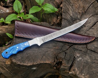 13"Fillet Fishing Knife Handmade Damascus Steel Knife with Flexible Blade  Custom Kitchen Chef Knife Gift For Husband Engraved Chef Knife