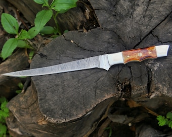 Custom Handmade Damascus Steel Fishing Fillet Knife With Camel Bone And Pure Leather Sheath Personalized Anniversary Wedding Gift For Him