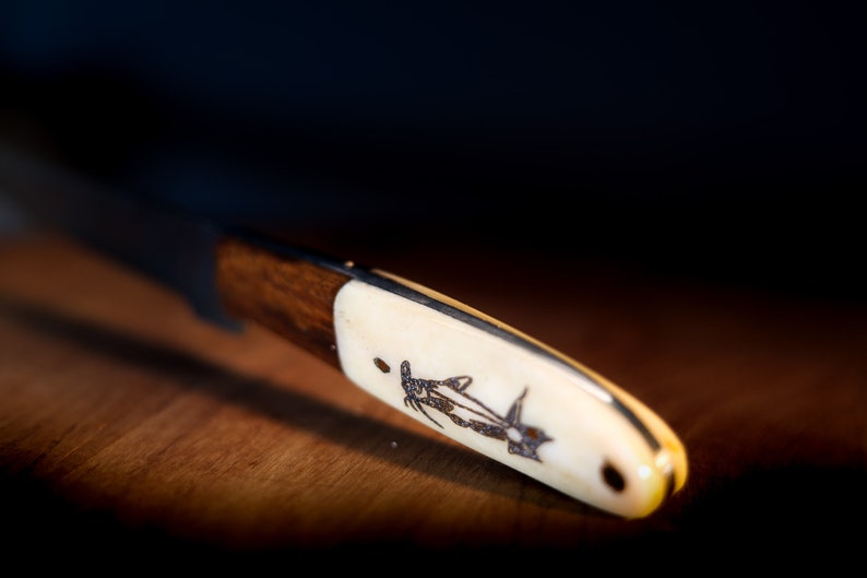 May include: A close-up of a wooden-handled knife with a bone-like handle. The handle has an intricate design of a fish etched into it.