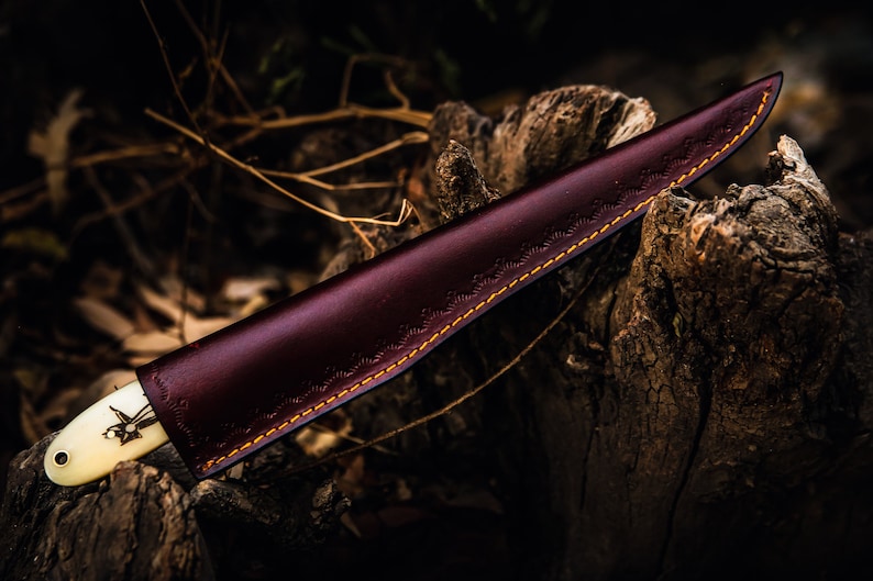 May include: A brown leather knife sheath with a decorative stitching pattern and a white handle. The sheath is lying on a piece of weathered wood.