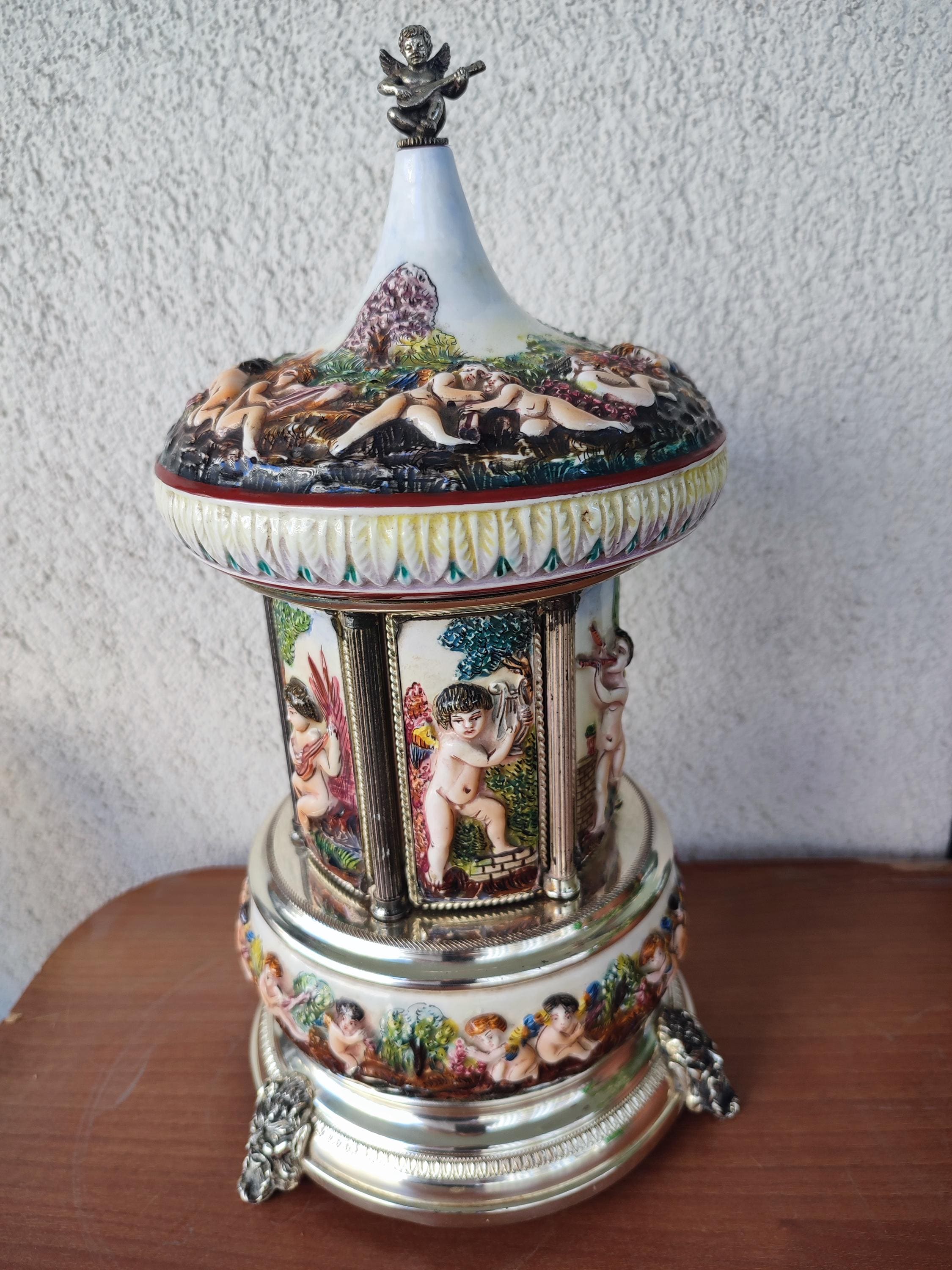 Vintage Reuge Carousel - Sterling Base, Capodimonte Porcelain Music Box:  Sterling Silver Base, Lipstick Holder-top Dispenser--1950 Ies
