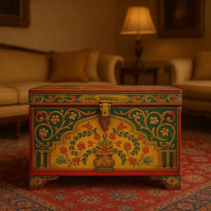 Wood chest - Jewellery Box -Ottoman Art -Storage Chest - Trunk Box --Wooden Storage --Treasure Chest --Antique Collectible