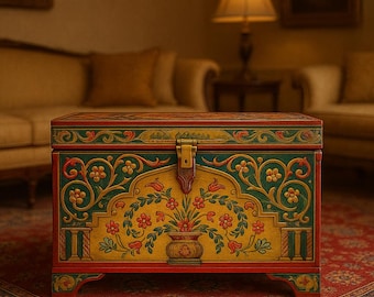 Ottoman Art Cedar Wood Chest: Antique Edirnekari Painted Treasure Box