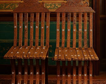 Handgefertigter Klappstuhl aus Nussbaum: Intarsien aus Perlmutt im antiken Sultanstil (2er-Set)