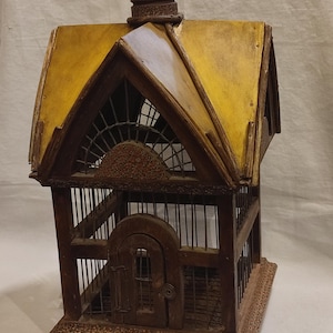 Antique primative Bird Cage -Wood  Art --Bird Cage --Vintage Bird Cage - Home Decor --Canary Bird Cage -Painted Bird cage--Picasso