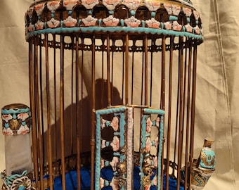 Antique primative Bird Cage -Ottoman Art --Bird Cage --Vintage Bird Cage -Antique Home Decor --Canary Bird Cage Carrier -Bronze Bird cage--