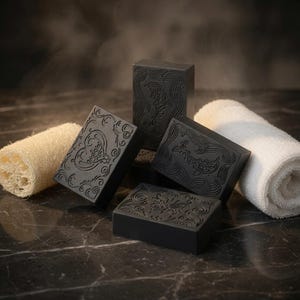 May include: Four dark gray rectangular soaps with ornate embossed designs are arranged on a dark marble surface. A natural loofah sponge and a rolled white towel are also present. The soaps have a spa-like aesthetic.