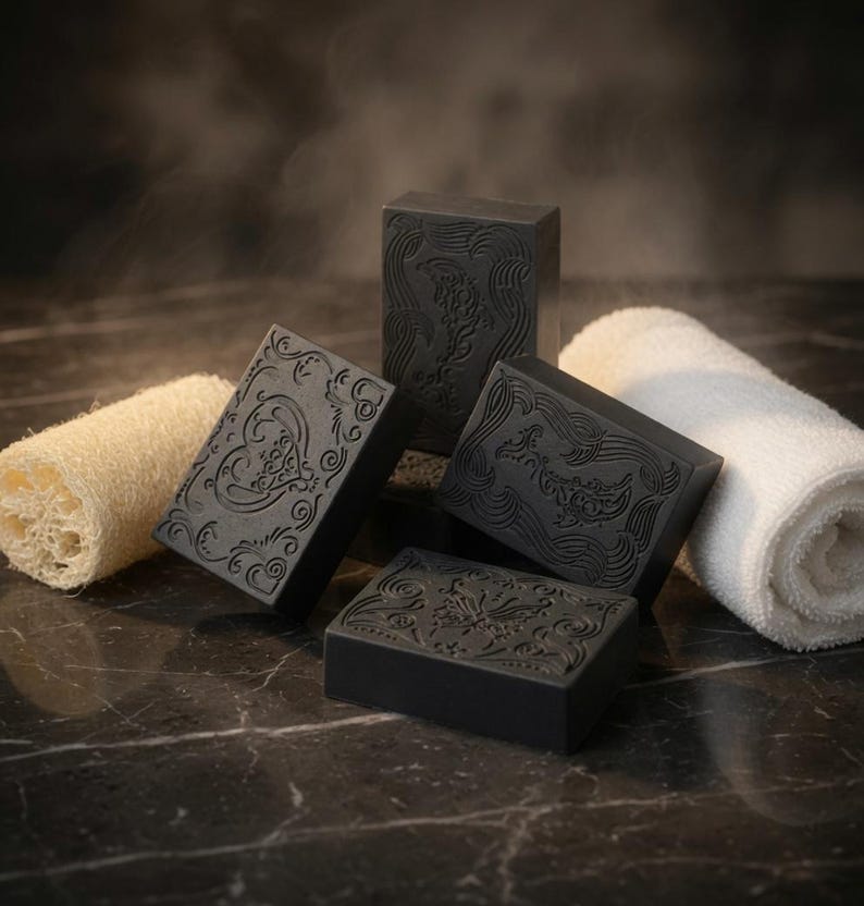 May include: Four dark gray rectangular soaps with ornate embossed designs are arranged on a dark marble surface. A natural loofah sponge and a rolled white towel are also present. The soaps have a spa-like aesthetic.