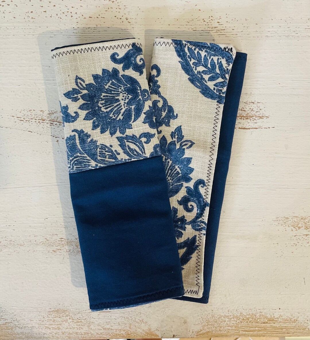 Blue Damask Cloth Napkins, Floral, Set of 2, Reversible, Washable