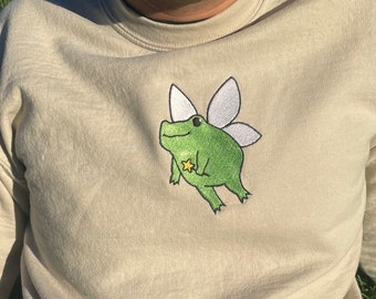 Bluza z okrągłym dekoltem w kształcie żaby z haftem Cottagecore na jesień