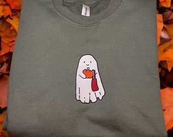 Haftowany Duch Dyni, Haftowany Okrągły Dekolt na Halloween, Bluza na Halloween, Haftowany Sweter, Haftowany Halloween, Sweter z Dynią