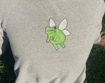 Haftowana bluza z motywem smutnej wróżki-żaby, haftowany okrągły dekolt, haftowana bluza Cottagecore, sweter z żabą, uroczy sweter jesienny