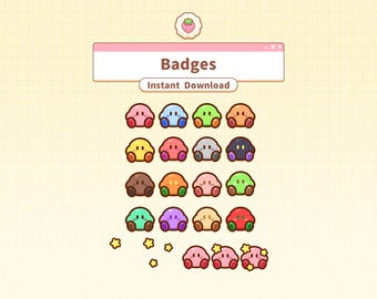 May include: A collection of colorful cartoon badges featuring various characters. The badges are in a variety of colors, including pink, blue, green, and orange. The text "Badges" and "Instant Download" are displayed above the badges.