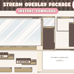 Könnte beinhalten: Eine digitale Illustration eines Stream-Overlay-Pakets mit einem hellbraunen und beigefarbenen Farbschema. Das Overlay zeigt eine Vielzahl von Fenstern mit Text wie "GAMES", "SUBSCRIBE" und "THE STREAM IS STARTING SOON..."