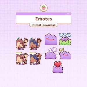 Könnte beinhalten: Grafik mit digitaler Kunst, die Cartoon-Emotes zeigt. Die Emotes umfassen winkende Charaktere, einen lila Blob mit einem Herzen und andere ausdrucksstarke Designs. Das Wort "Emotes" wird in einem lila Fenster angezeigt.