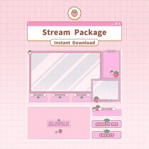 Twitch Youtube Stream Overlay Package / Overlay, Alerts, Panels, Animated Screens / Strawberry / Customizable