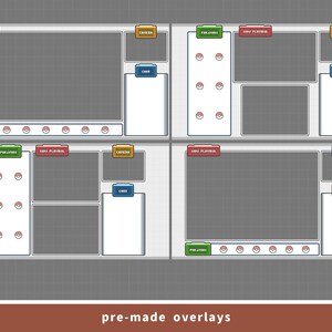 May include: Four pre-made overlay designs for streaming, featuring gray backgrounds, white boxes, and colorful buttons labeled "PKMN", "NOW PLAYING", "CAMERA", and "CHAT". Each design includes a row of red and white pokeball icons. The text "pre-made overlays" is at the bottom.