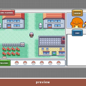 May include: A digital illustration of a video game interface with a pixelated aesthetic. The scene features buildings, a character, and a menu with the word "Pokemon". A small image of a Charmander is in the upper right corner. The text "Now Playing" is at the top.