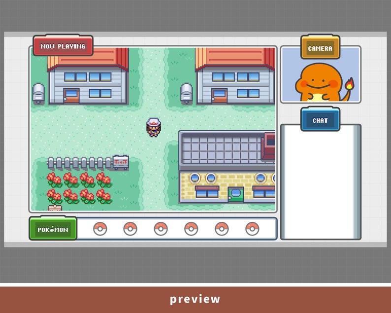 May include: A digital illustration of a video game interface with a pixelated aesthetic. The scene features buildings, a character, and a menu with the word "Pokemon". A small image of a Charmander is in the upper right corner. The text "Now Playing" is at the top.