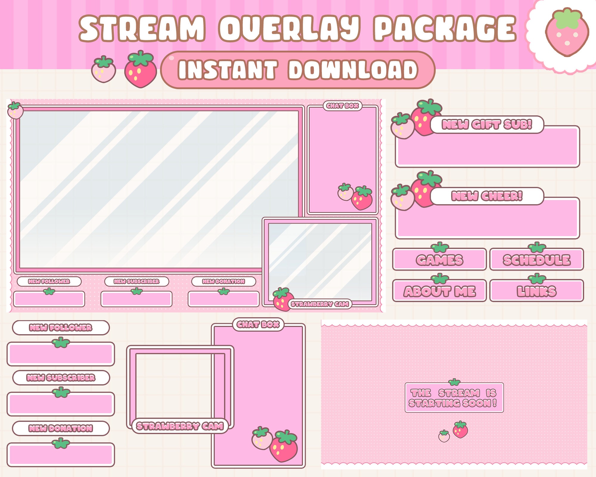 Strawberry Twitch Stream Overlay Webcam Game Borders Just -  in 2023