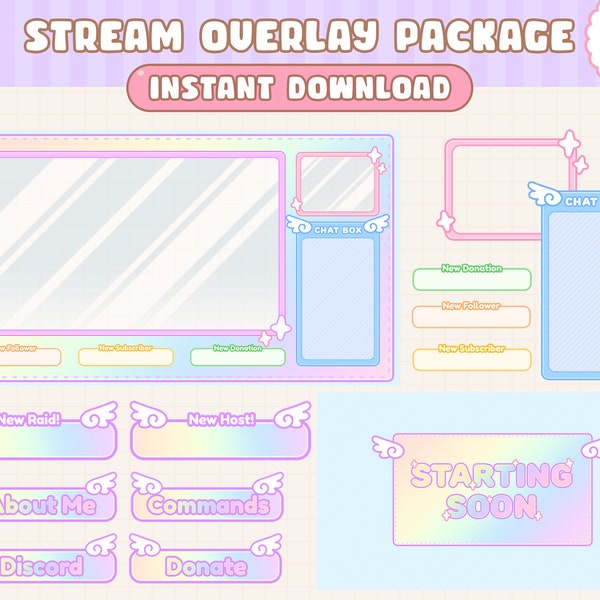 Twitch Stream Overlay Package / Rainbow Wings Sparkles / Simple / Kawaii Cute