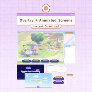 以下が含まれることがあります： ストリーミング用の、アニメーションスクリーンを備えたデジタルオーバーレイセット。パステルカラーの配色とゲームのようなテーマが特徴です。「Overlay + Animated Screens」と「Instant Download」のテキストが表示されています。