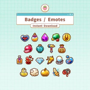 Puede incluir: Un conjunto de insignias y emoticonos digitales coloridos con temática de fantasía. La imagen presenta iconos de corazones, pociones, gemas y monedas. El texto "Badges / Emotes" y "Instant Download" se muestra en un marco.