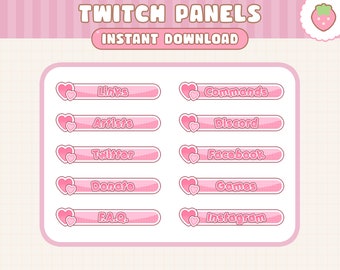 May include: Pink Twitch panel templates with hearts and text that says "Links", "Artists", "Twitter", "Donate", "F.A.Q.", "Commands", "Discord", "Facebook", "Games", and "Instagram".