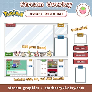 May include: A digital stream overlay design with a Pok&eacute;mon theme. The design features a large central display area, smaller boxes for camera and chat, and buttons labeled "Shiny Hunt" and "Randomizer." The design includes the text "add your team!" and "includes GBA, DS, and 3DS layouts!"