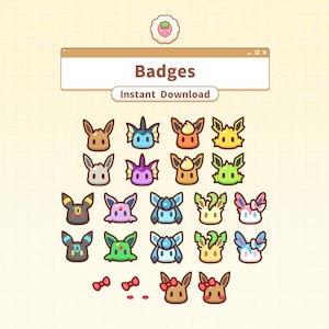 May include: A collection of cartoon badges featuring various characters with animal-like features. The badges are in different colors, including brown, blue, yellow, and green. The text "Badges" and "Instant Download" are displayed on a banner above the badges.