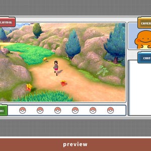 May include: A digital interface for a video game, featuring a landscape scene with a character walking on a path. The interface includes a camera view with a cartoon character, chat options, and a "Pokemon" button. The words "Now Playing" are displayed.