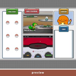 May include: A digital interface with a Pok&eacute;mon theme. The layout includes a battle scene, a camera view of Charmander, and a chat window. The interface features buttons labeled "Pokemon", "Bag", and "Run". The word "preview" is at the bottom.