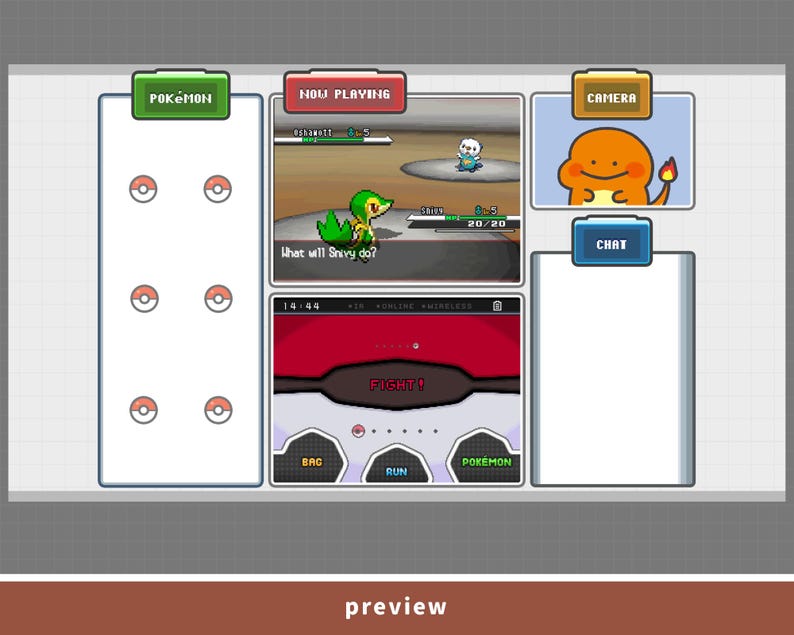 May include: A digital interface with a Pok&eacute;mon theme. The layout includes a battle scene, a camera view of Charmander, and a chat window. The interface features buttons labeled "Pokemon", "Bag", and "Run". The word "preview" is at the bottom.