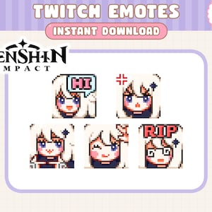 Puede incluir: Cinco emoticonos de arte de píxeles que presentan un personaje de cabello blanco con diferentes expresiones. Los emoticonos incluyen "HI", "Enojado", "Sonriendo", "RIP" y "Gafas". Los emoticonos están diseñados en un estilo pixelado y son perfectos para usar en Twitch.