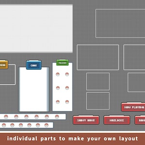 May include: A digital layout design with various elements for streaming, including sections for camera, chat, and gameplay. The design features rectangular and square boxes, along with buttons labeled "Shiny Hunt," "Nuzlocke," and "Randomizer."
